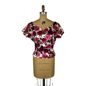 Vintage 1950s Floral Top Womens M Satin Pink Roses Off The Shoulder Shirt